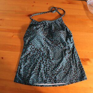 Kona Sol Swimsuit top, halter top blue and black animal print, adjustable tie, S